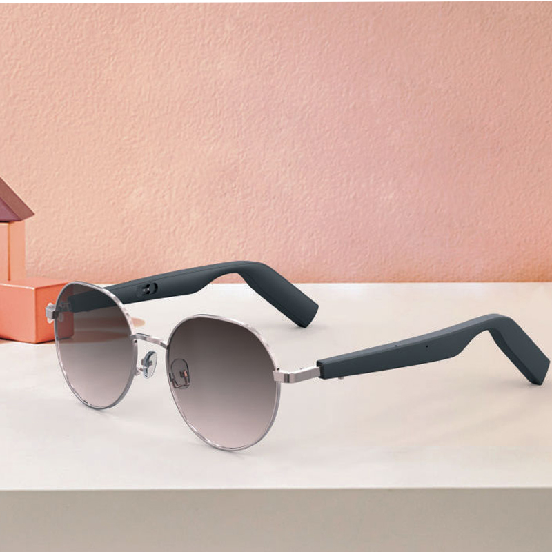 grey Metal frame smart glasses WGP audio sunglasses Bluetooth connected ear speakers
