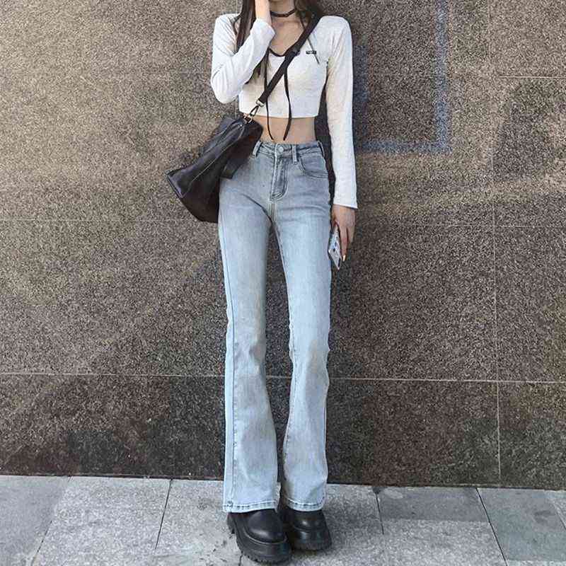 Women's High Waist Vintage Trumpet Jeans Female Lady Streetwear Fashion Elastic Slim Denim Flare Boot Cut Pants For Women 211112