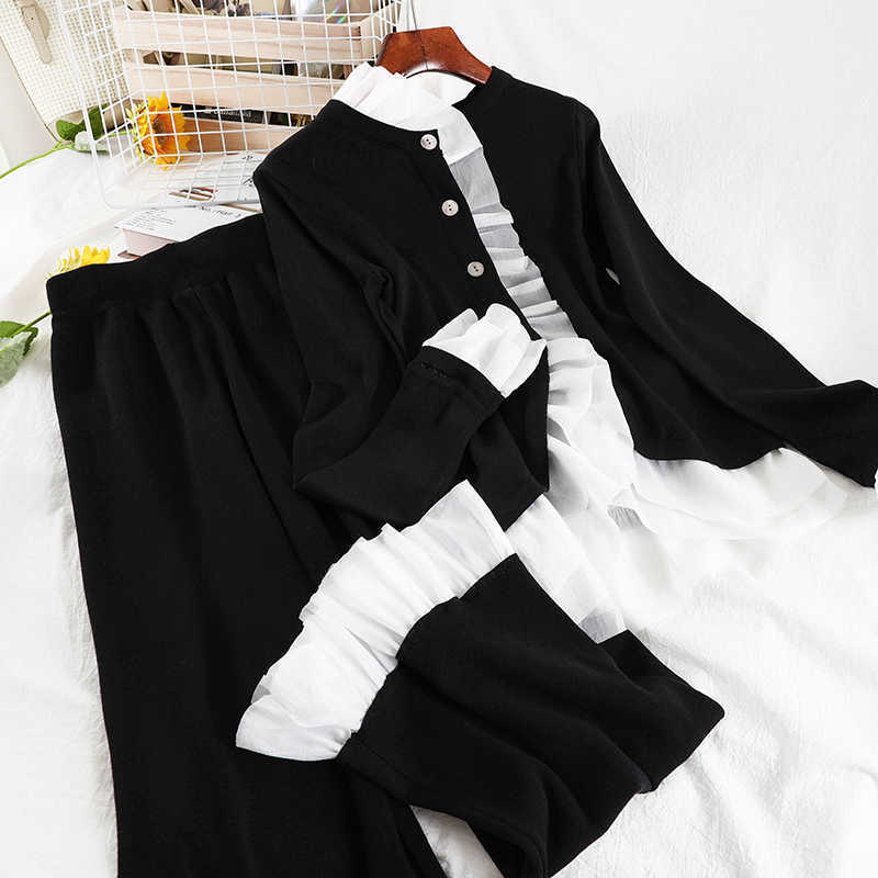 DEAT Women Stand Neck Long Sleeve Ruffles Patchwork Shirt Long Pants Two Piece Set Fashion Spring Summer 11D834 210709