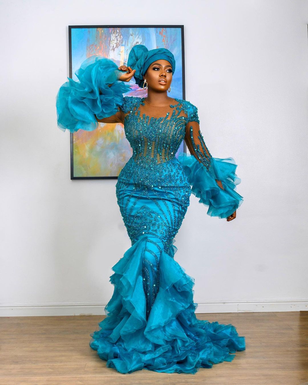 Plus Size Arabic Aso Ebi Blue Luxurious Mermaid Prom Dresses Lace Beaded Stylish Evening Formal Party Second Reception Birthday Engagement Gowns Dress