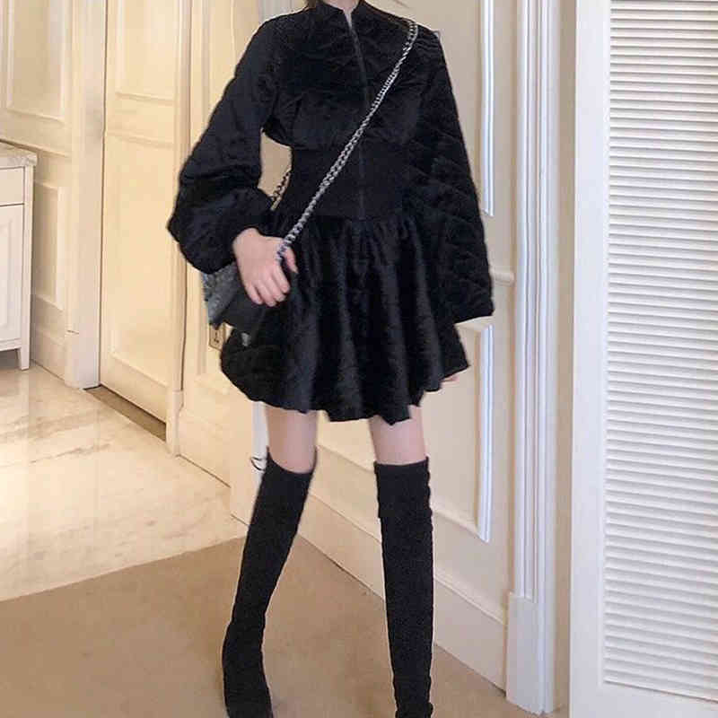 VGH Plaid Black Two Piece Set For Women Stand Collar Long Sleeve Jacket High Waist Ruched Skirt Casual Sets Female Style 210421