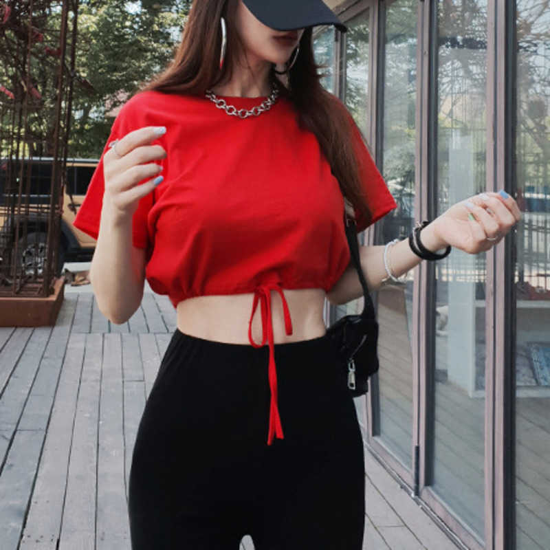 WOMENGAGA Korea summer short slim sexy navel bow Drawstring waist sleeve T-shirt women's tees tops top KJM8 210603