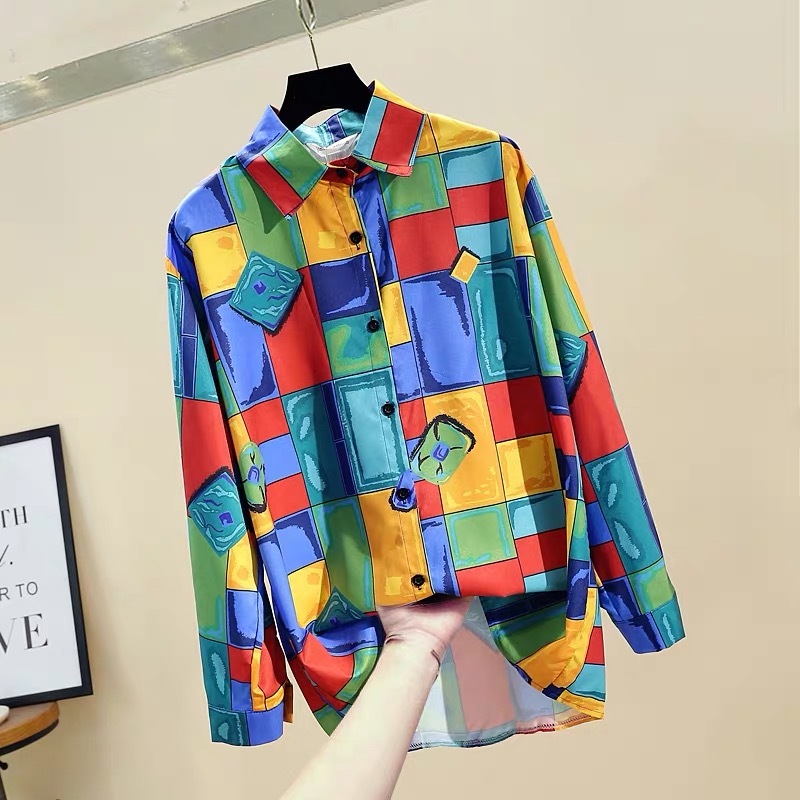 Women Geometr Pattern Print Casual Plus Size Blouse Lapel Long Sleeve Loose Fit Shirt Colourful Holiday Spring Autumn 210421