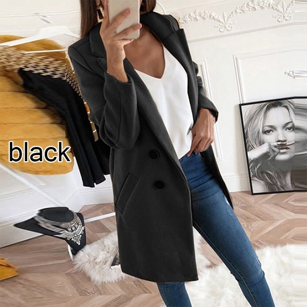 Design Women Solid Woollen Coat Autumn Winter Fashion Long Sleeve Lapel Neck Pockets Jackets Female Plus Size Long Slim Button O