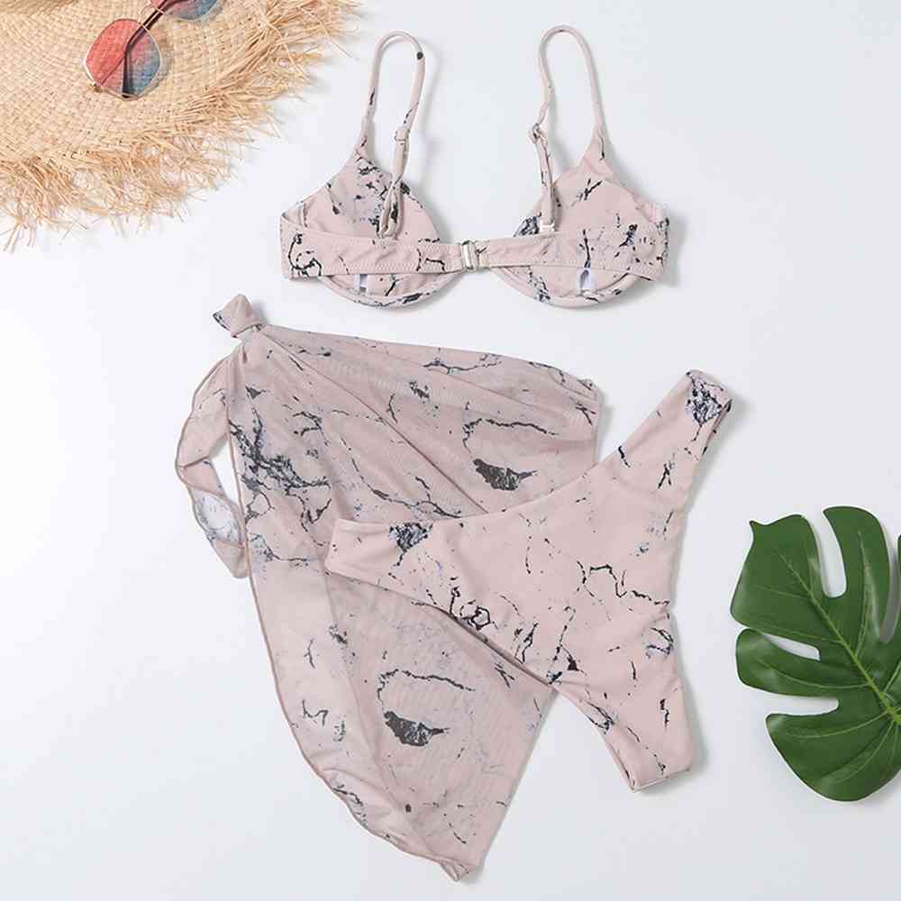 Sexy Three Pieces Bikini Set V-Bar Underwire Push Up Swimwear Women Swimsuit Female With Sarong Bather Bathing Suits 210521