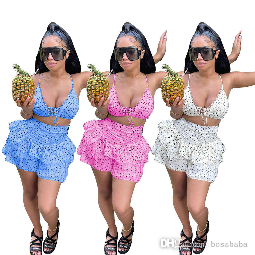 Women Fashion Casual Bandage Bikini Shorts Dot Two Piece Set Nightwear, White