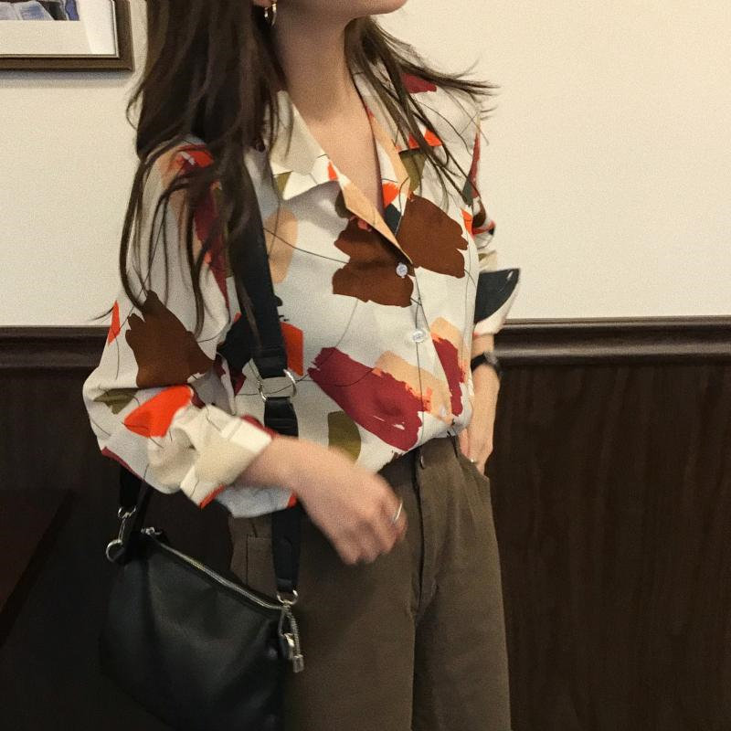Vintage Elegant Basic OL Shirt Print Women Stylish Autumn Blouses Long Sleeve Loose Office Ladies Tops Female 210421