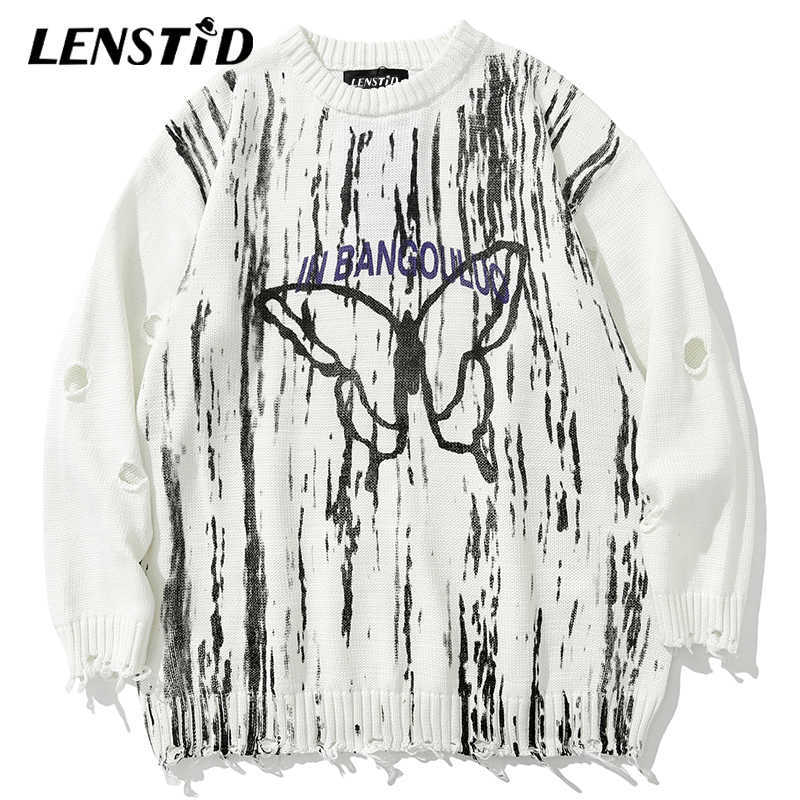 LENSTID Men Hip Hop Knitted Jumper Sweaters Butterfly Ink Graffiti Streetwear Harajuku Autumn Oversized Hipster Casual Pullovers 210818