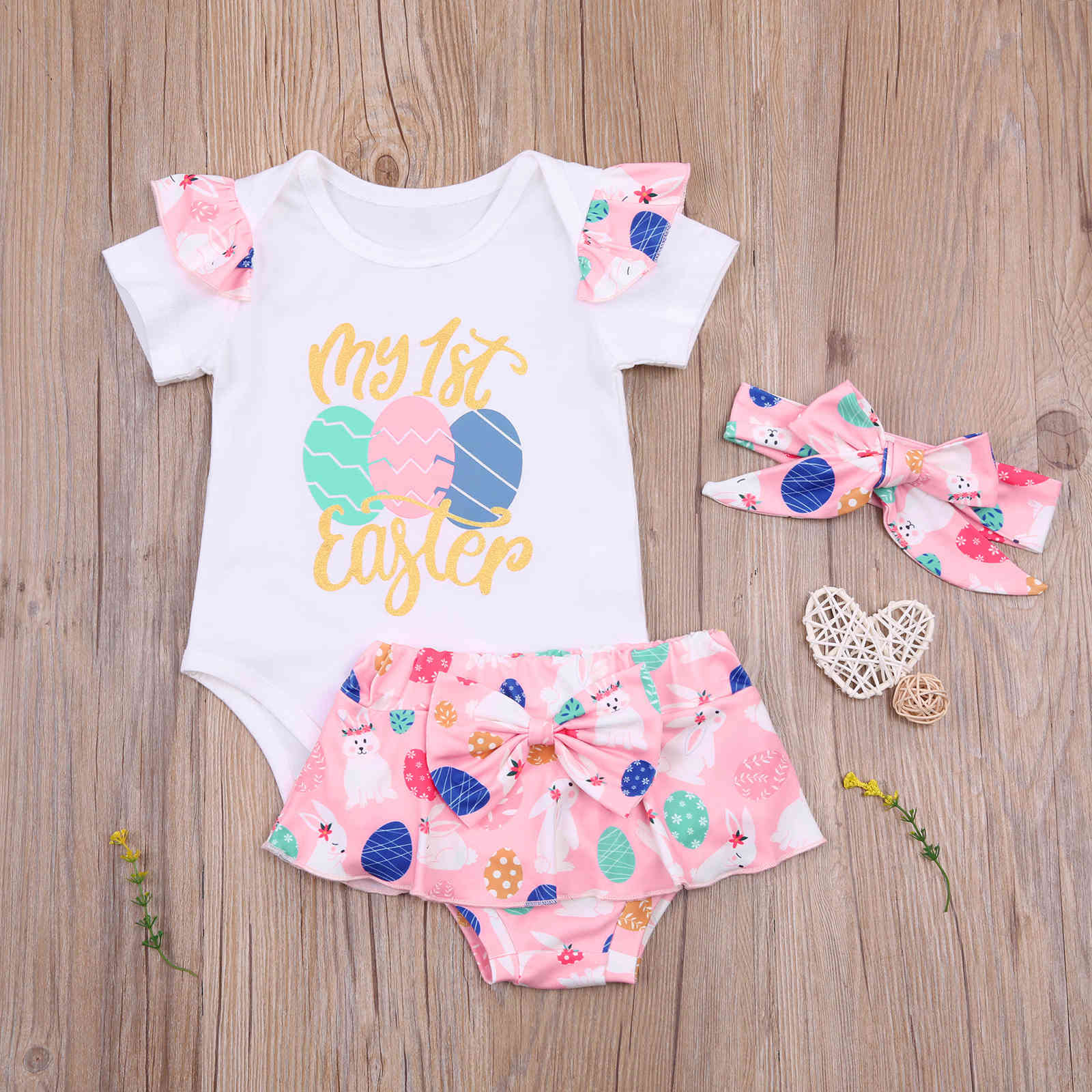 0-18M born Infant Baby Girls My 1st Easter Clothes Set Cute Egg Print Romper Bow Shorts Outfits 210515