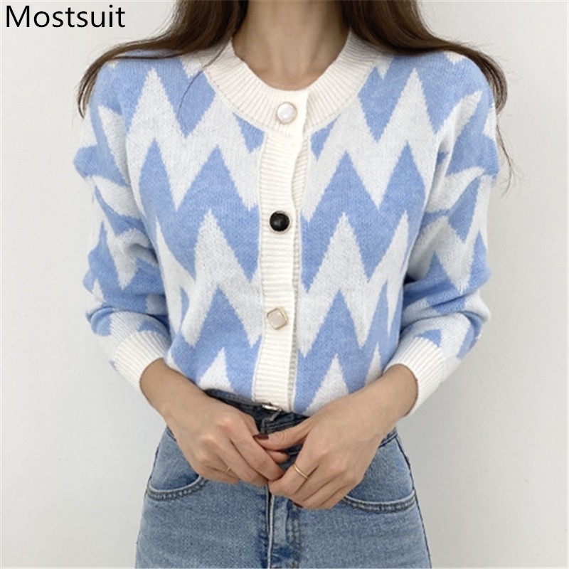 Geometric Knitted Korean Cardigans Sweaters Women Autumn Single Breasted Long Sleeve Tops Fashion Ladies Vintage Jumpers 210514