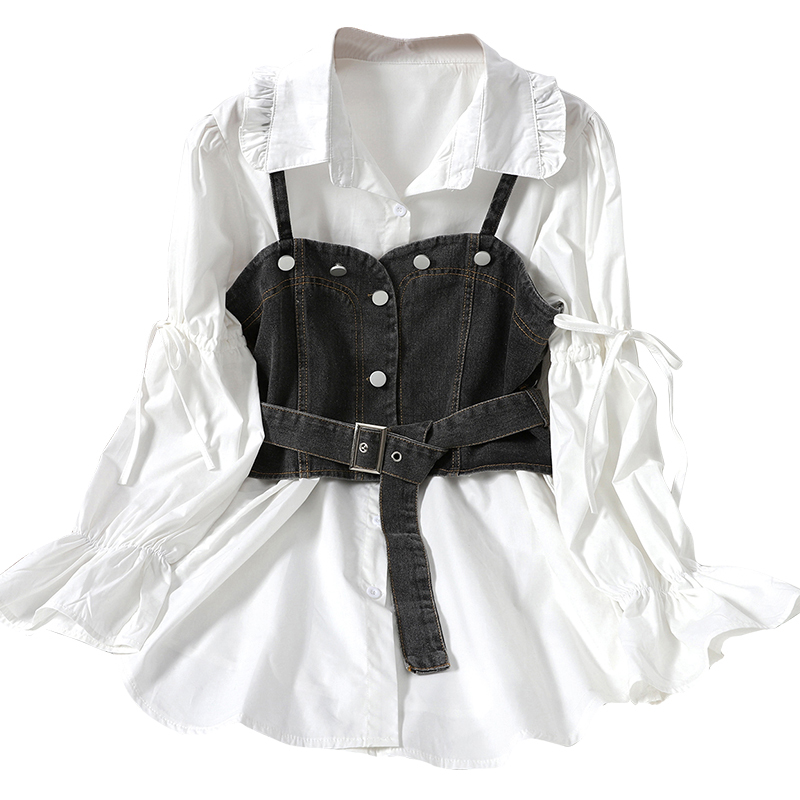 Nomikuma Spring Women 2piece Sets Lace Up Puff Sleeve Turn-down Collar Blouse + Sashes Slim Waist Sling Demin Vest 6D998 210427