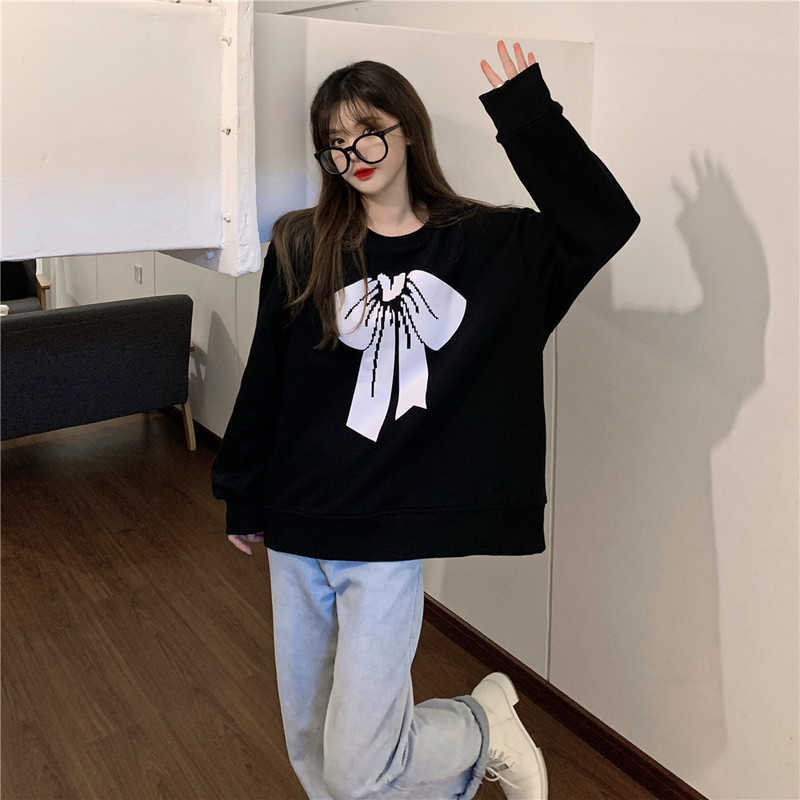 Black Bowknot Printed Long Sleeve Sweatshirt Causal O-neck Women Hoodies Spring Top Jumper 6F167 210603