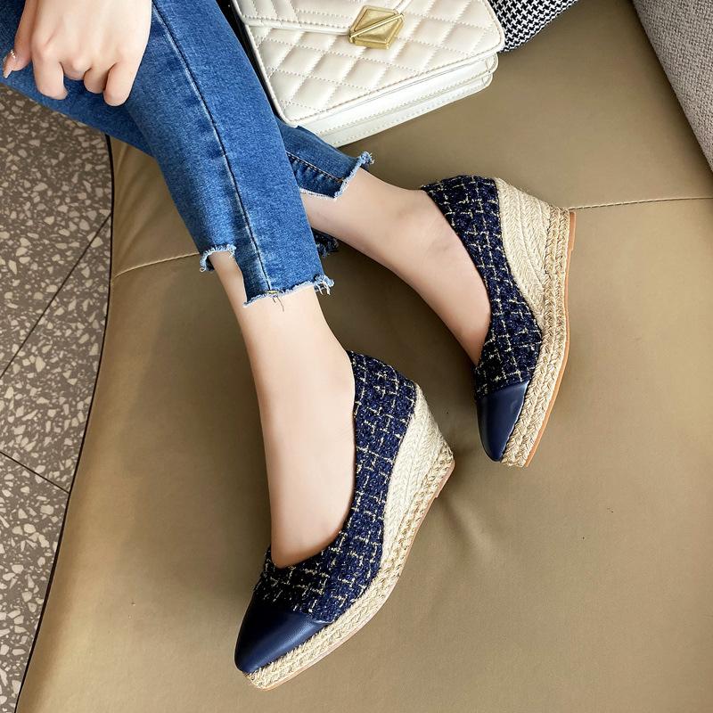 Sandals 2021 Women's Espadrilles Wedges Shoes Straw Weave Fashion Pointed 7CM High Heels Thick Bottom, Navy 7cm