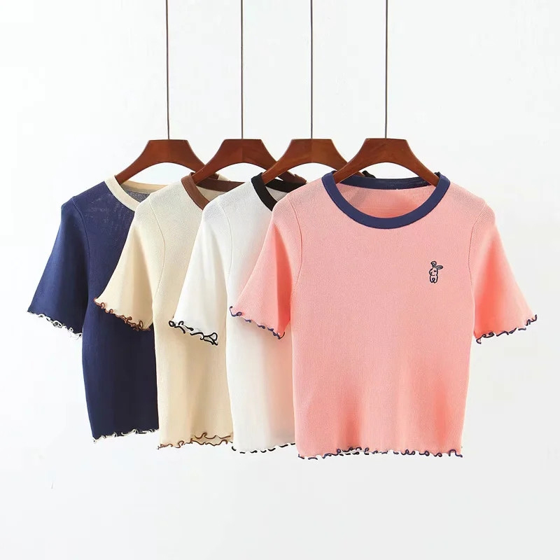 Spring-Summer Casual Knitted Four Color Short T-shirt Women Rabbit Embroidery Sleeve Knit Shirt Female Solid Tee 210421
