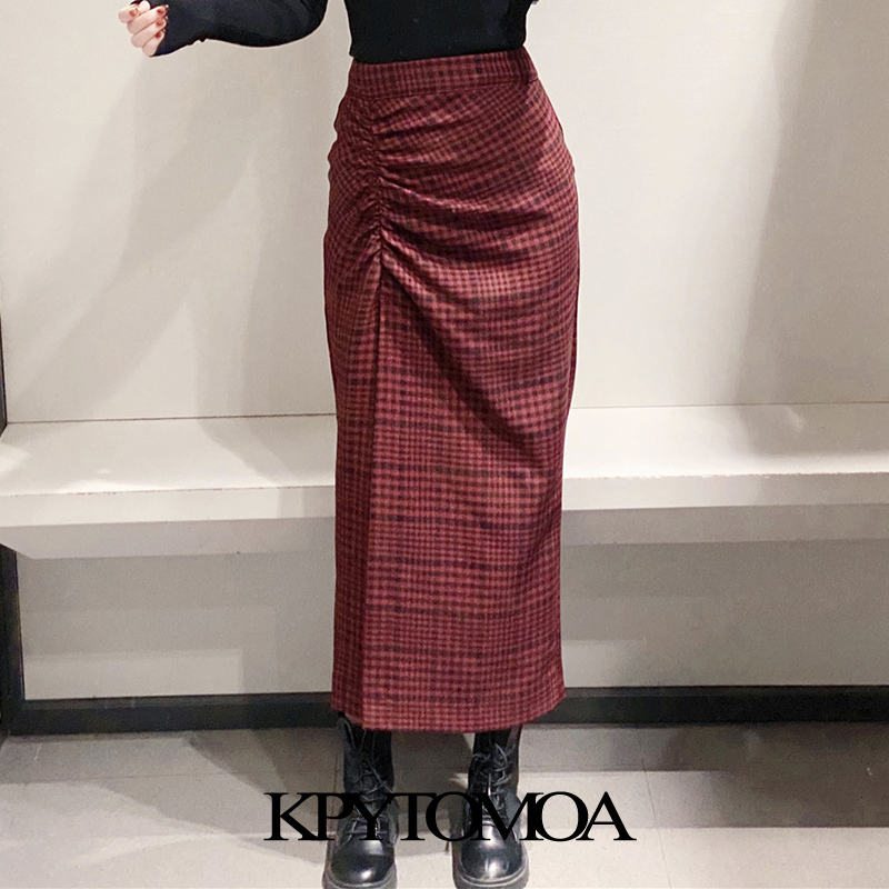Women Chic Fashion Pleated Side Vents Check Midi Skirt High Waist Back Zipper Female Skirts Mujer 210420