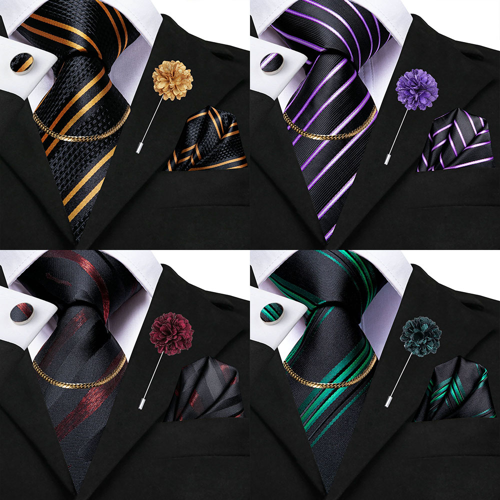 Fashion Mens Golden Black Striped Tie Silk Necktie cufflinks Handkerchief Cufflinks Tie Chain Brooch for wedding Business
Fashion Mens Golden Black Striped Tie Silk Necktie cufflinks Handkerchief Cufflinks Tie Chain Brooch for wedding Business