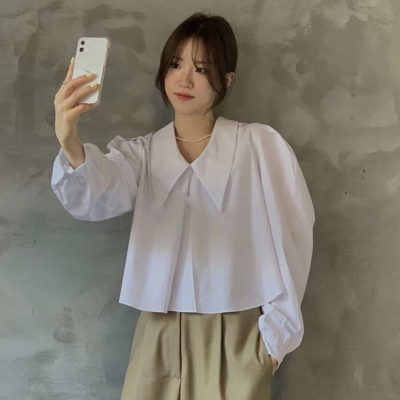 Nomikuma Causal Short Women Doll Shirt Puff Long Sleeve Peter Pan Collar Top Blouse Spring Ropa Para Mujeres De Moda 6E763 210427