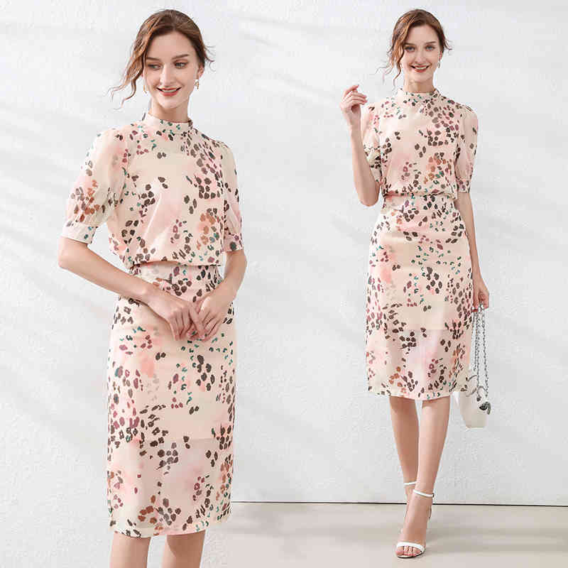 Elegant 2 Pieces Set Chiffon Flowers Print Bow Back Sweet Blouse + High Waist Midi Skirt Spring Office Ladies Women Suit 210519