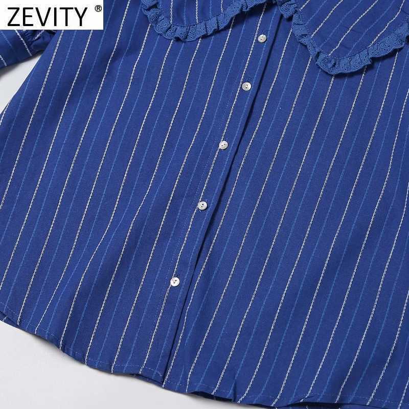 ZEVITY Women Vintage Striped Print Blouse Shirts Women Peter Pan Collar Lace Decoration Chic Office Femininas Blusas Tops LS9302 210603