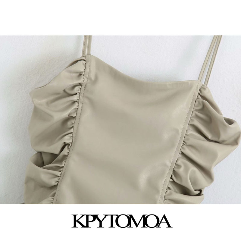 Women Chic Fashion Draped Faux Leather Mini Dress Back Zipper Thin Straps Female Dresses Vestidos Mujer 210420