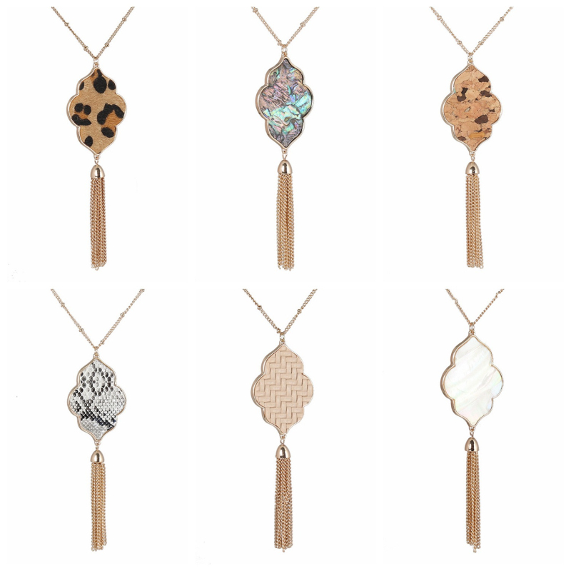 Lucky Handmade Leather Shell Leopard Print Pendant Long Chain Sweater Necklace with Metal Tassel
Lucky Handmade Leather Shell Leopard Print Pendant Long Chain Sweater Necklace with Metal Tassel