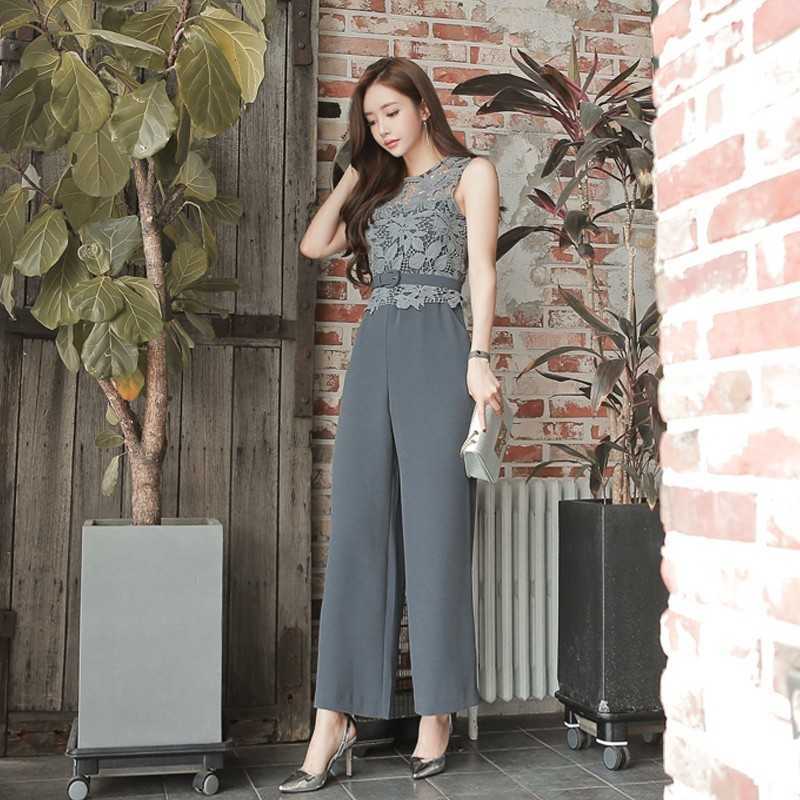 Crochet Lace Patchwork Jumpsuit Women Fashion Sleeveless Belted High Waist Wide Leg Casual Work Long Rompers 210603