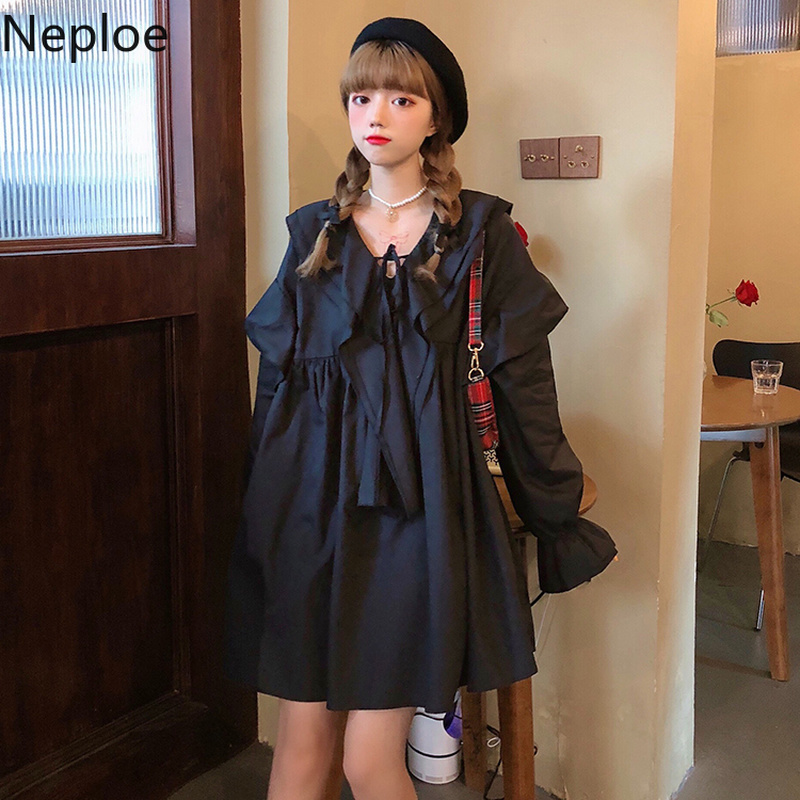 Neploe Women's Dress Ruffled Peter Pan Collar Loose Sweet Vestidos Spring Korean Style Temperament Plus Size Ruched Dresses 210422