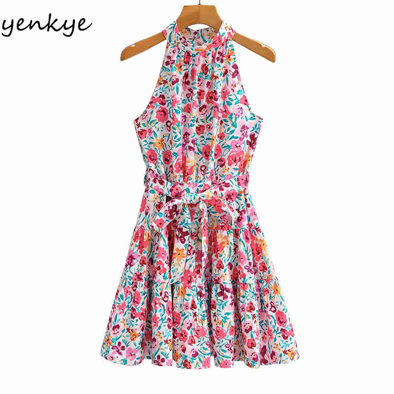 Multicolor Floral Print Halter Dress Women Sexy Sleeveless Sashes A-line Short Vestido Mujer Holiday Summer Beach Dresses 210430