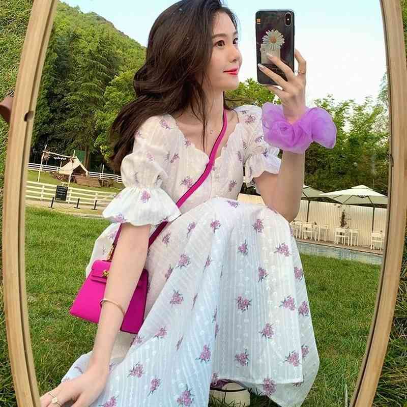 Summer Sweet Elegant Dress Women Short Sleeve Chiffon Floral Dress Party Beach Casual Dress Kawaii Korean Style Office Lady 210521