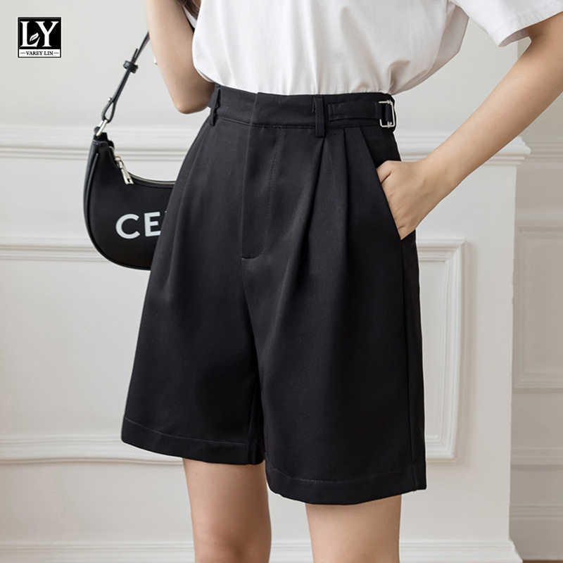 LY VAREY LIN Summer Women Loose Solid Color High Waist Soft Ladies Shorts Casual Female Straight Wide Leg Black 210526
