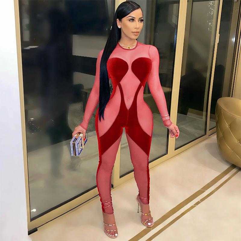 Autumn and winter large size women jumpsuits clothing gold velvet mesh splicing perspective sexy nightclub long sleeve Jumpsuit S-4XL