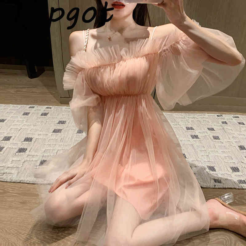 Dresses Summer Sweet Girls Chic Korean Off The Shoulder Pink Mesh Dress Women Slash Neck Short Sleeve Strap Vestido Feminino 210429