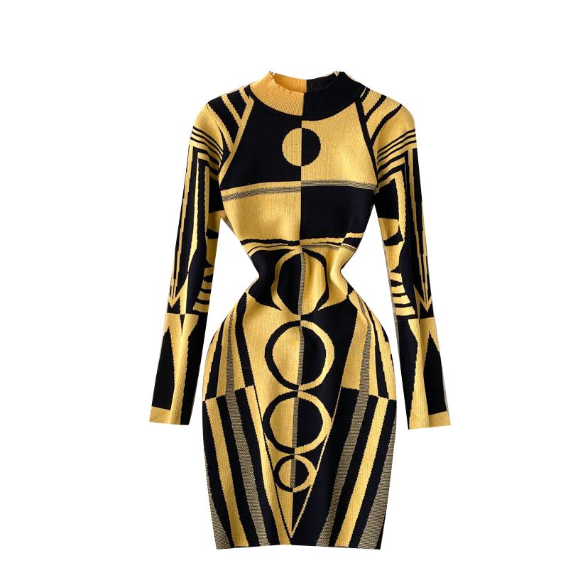 Casual Dresses SINGREINY Women Design Print Knitted Dress Long Sleeve O Neck Elastic Slim Pencil Autumn Winter Sexy Bodycon Sweater B1