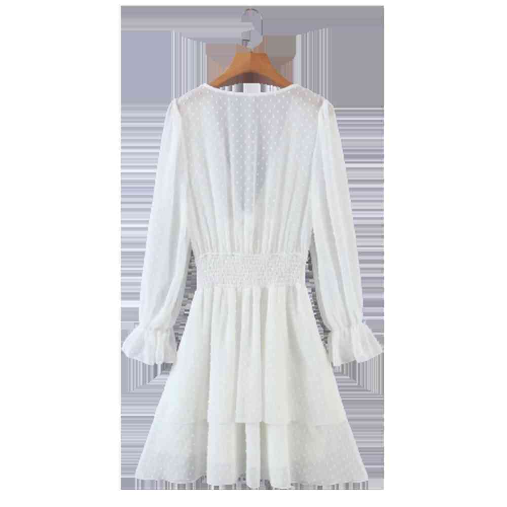 BBWM Elegant White Bowknot Ruffle Waist Elasticity Dress Lantern Long Sleeve Mini Women V Neck Casual 210520