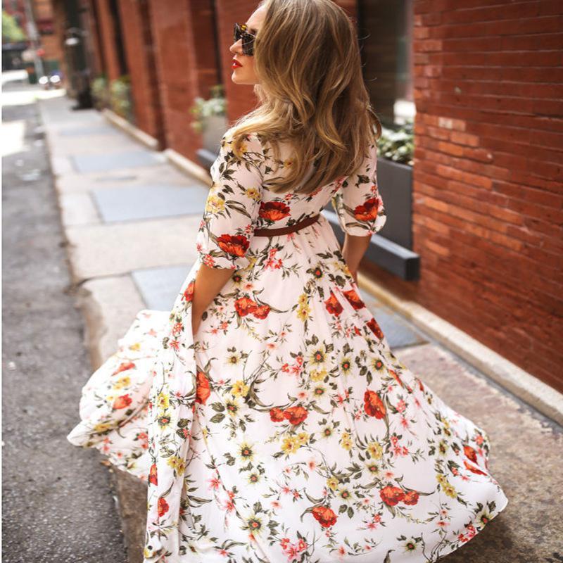 Women Dress Printed Chiffon Bohemia es Sexy Long Print Floral Maxi Plus Size Bohemian es Autumn 210513