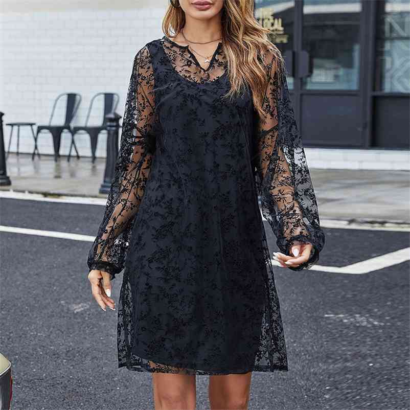 Foridol Floral Embriodery Tulle Dress Women Transparent Long Sleeve Black Casual Dress Elegant Ladies Short Dress 210415
