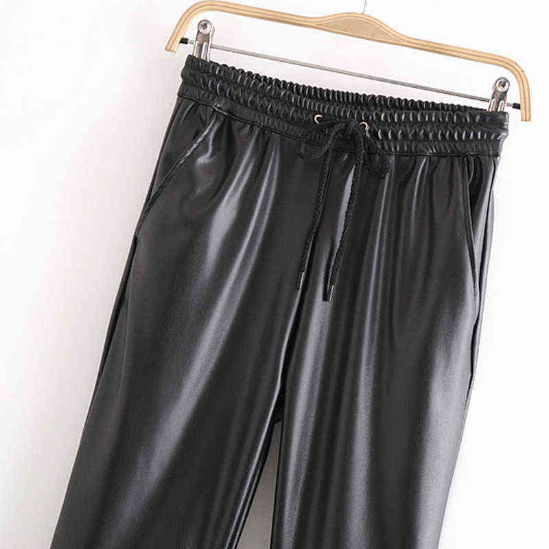 Wixra Pu Leather Pockets Pants Pantalones Mujer Womens Fashion Elastic Waist Lace Up Tie Ankle Trousers Autumn 211115
