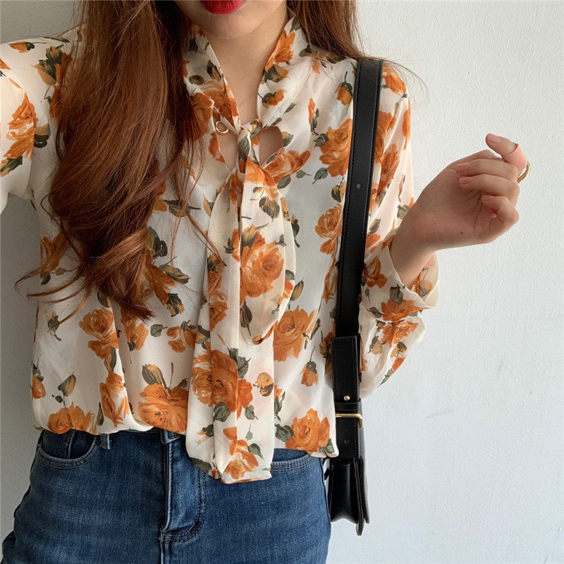 Brief Streetwear Korea Florals Retro All-Match Gentle Print Fresh Arrival Chic Office Lady Basic Shirts 210421
