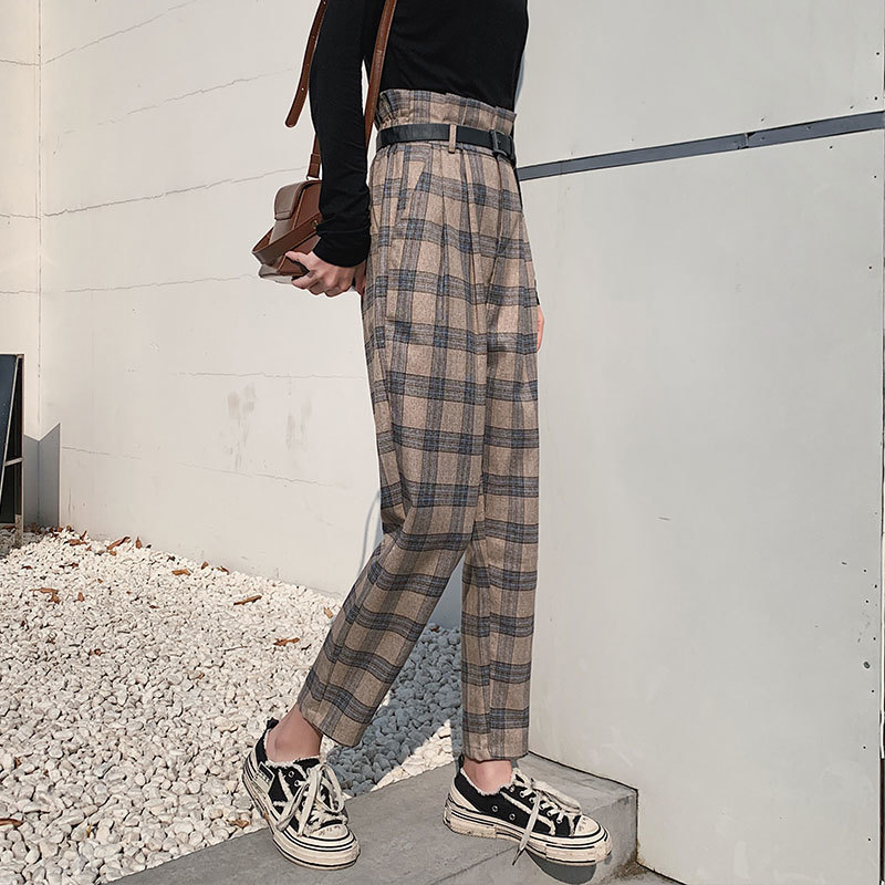 Autumn Korea Fashion Women High Waist Loose Trausers All-matched Casual Vintage Plaid Pants Femme Harem Plus Size V15 210512