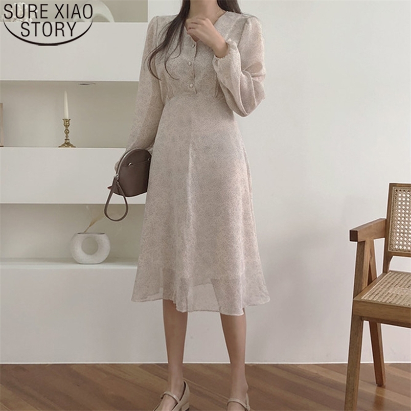 Korean Dot Chiffon Dress Womem Elegant High Waist V-neck Button Fall Fashion Midi Long es Vestido Feminino 12292 210506