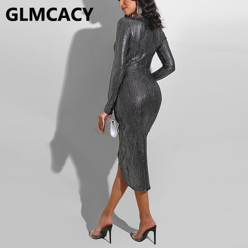 Women Long Sleeve Twist Metallic Dress Slim Bodycon Evening Party Vestidos Dresses 210702