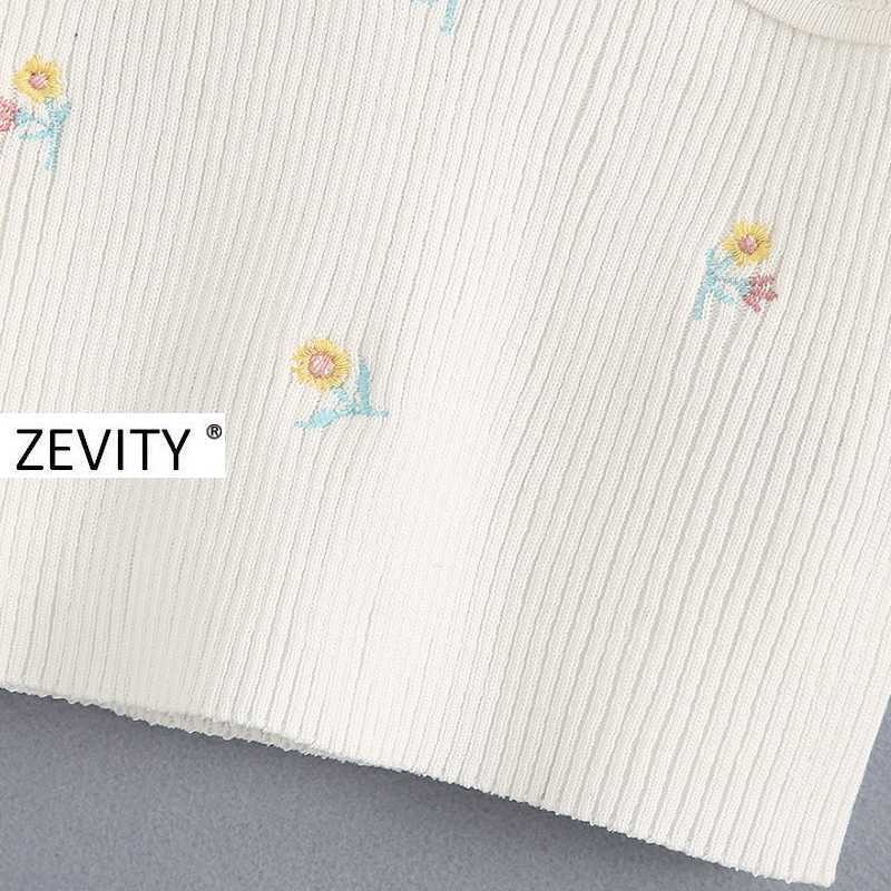 Zevity Women fashion floral embroidery camis tank tops summer wear female v neck knitted casual slim sling vest crop tops LS6984 210625
