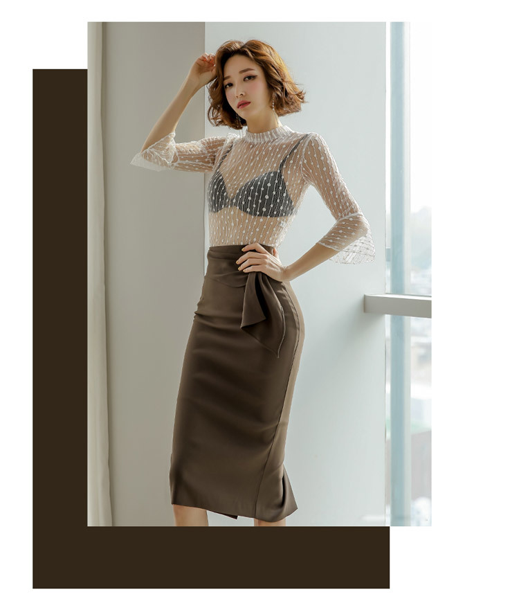 Spring two piece set women Sexy Perspective white Half sleeve shirt+high waist OL office Package hip Bodycon skirt suits 210519