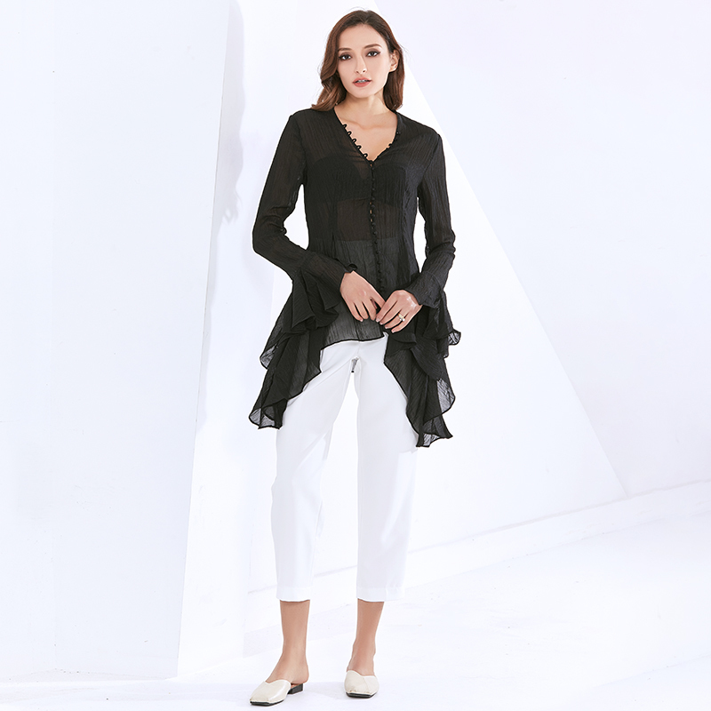 Elegant Thin Shirt For Women V Neck Flare Long Sleeve Tunic Black Blouse Female Fashion Clothing Style 210524