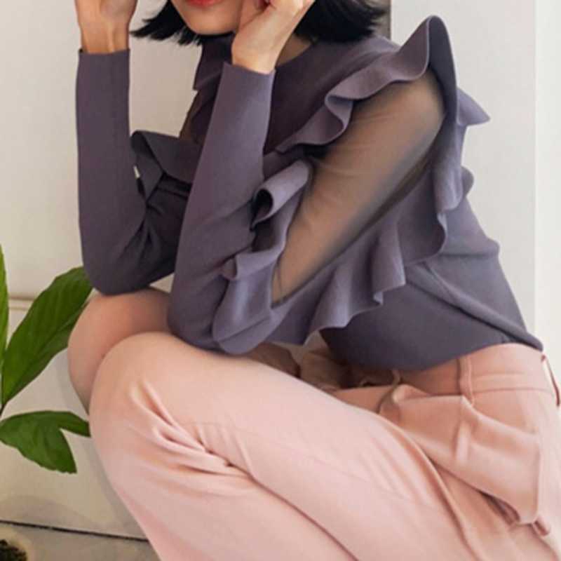 Elegant Chic Ruffles Patchwork Flying Sleeve Slim Fit Pullovers O Neck Voile Knit Sweater Women Spring Casual Tops 210525