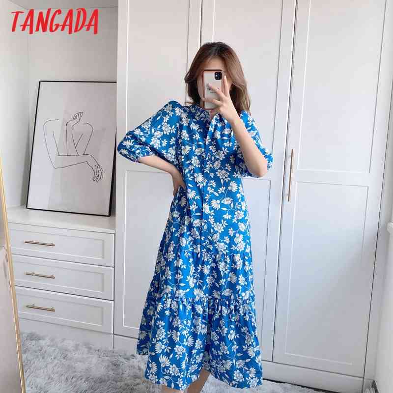 Summer Women Blue Floral Print French Style Puff Short Sleeve Ladies Midi Dress Vestidos 5Z93 210416