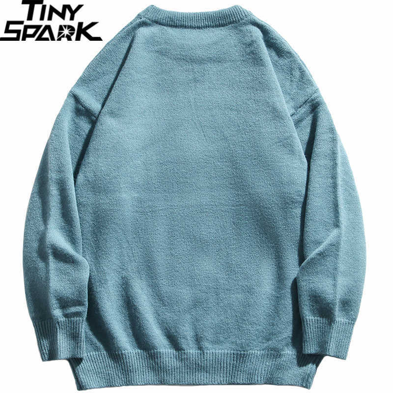 Men Hip Hop Streetwear Knitted Sweater Funny Bear Harajuku Sweater Jumper Casual Pullover Sweater Blue Autumn Spring 211008