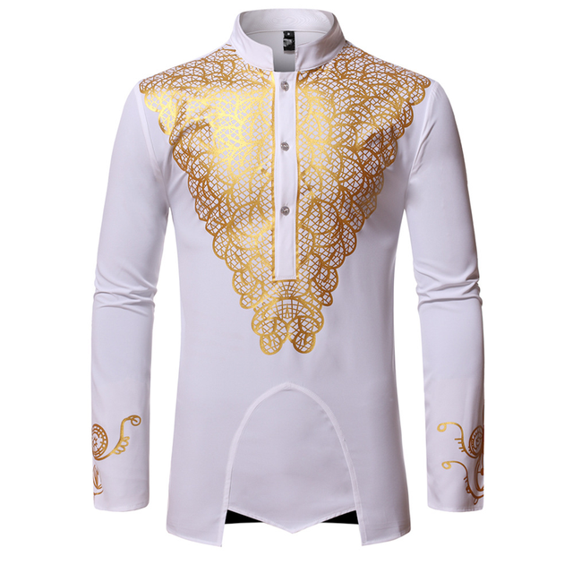 Luxury Metallic Gold Print African Man Clothing Agbada Kaftan Attire White Wedding Mens Dress Shirts Nehru Collar Dashiki Shirt Men's Casual