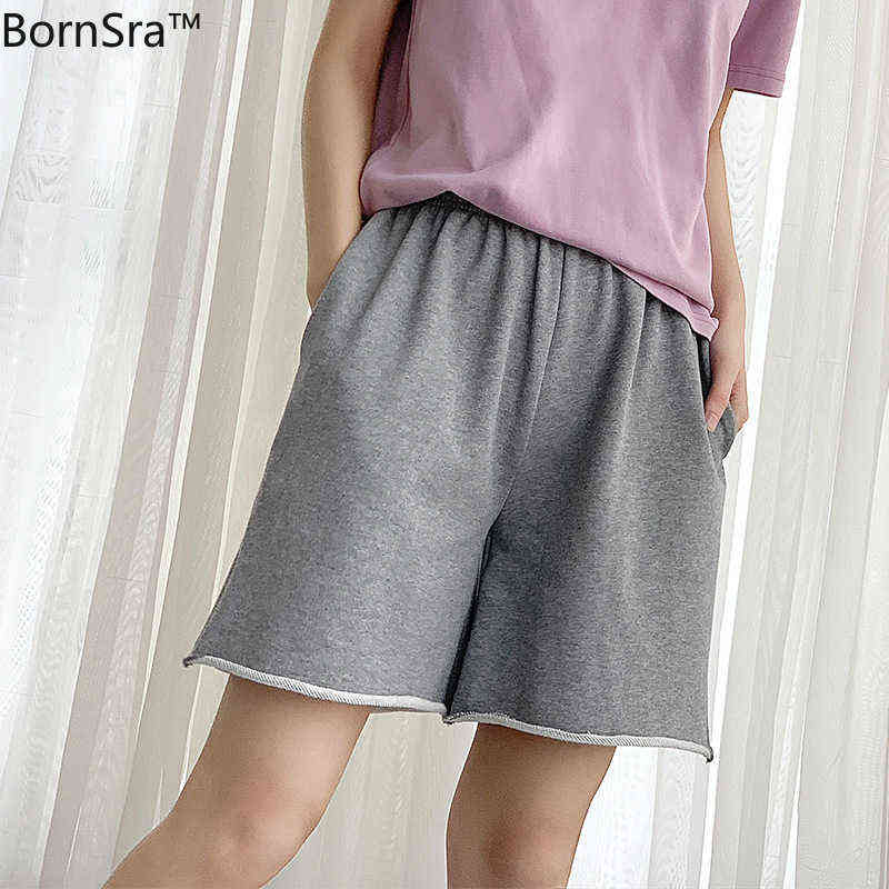 Bornsra 100% Cotton Sports Pants Women's Summer High Waist s Loose and Thin Casual Short Pure Color 211115