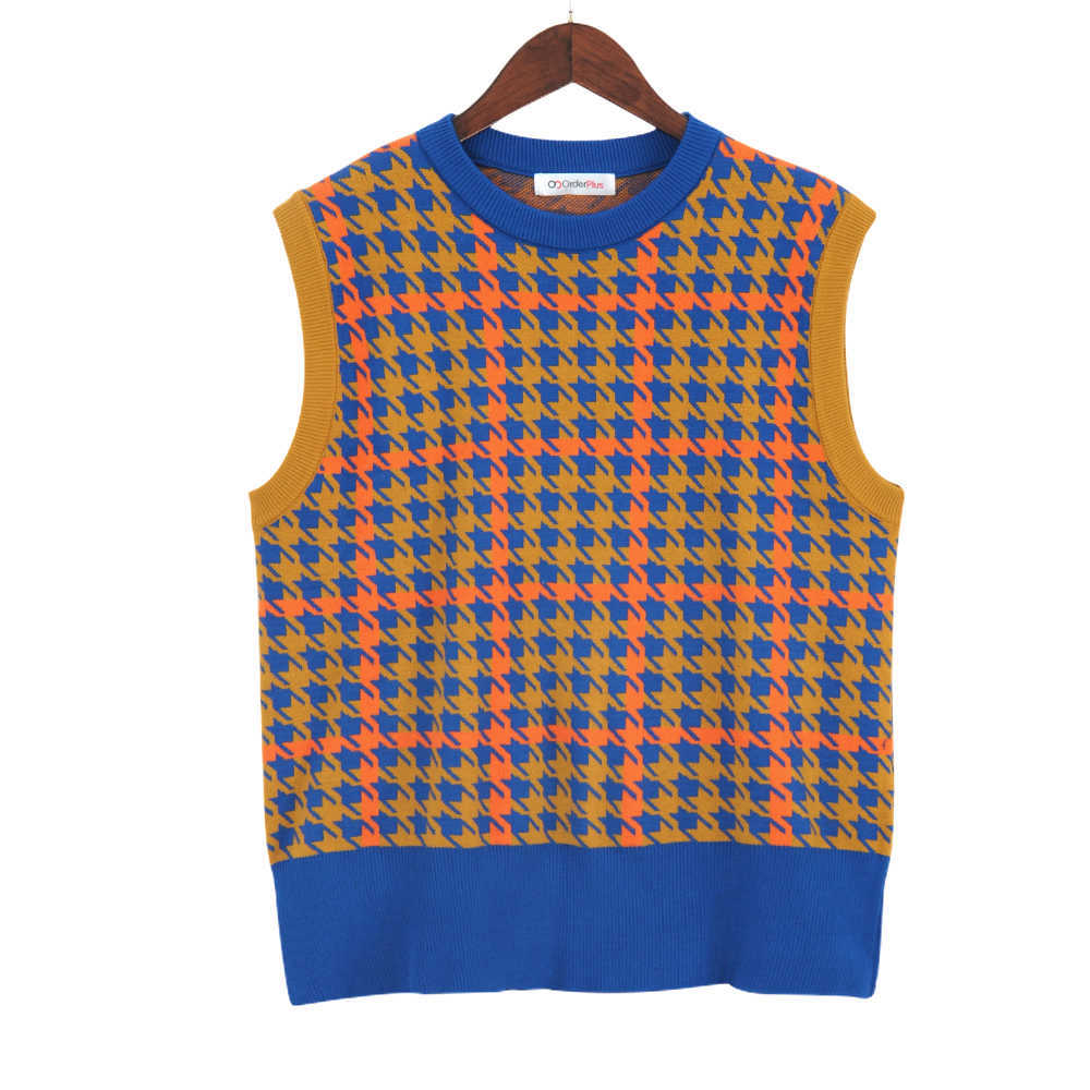 Vintage Argyle Women Sweater Vest Splice Color Plaid Sleeveless Round Neck Autumn Winter Female Knitted Vest Blue 210702
